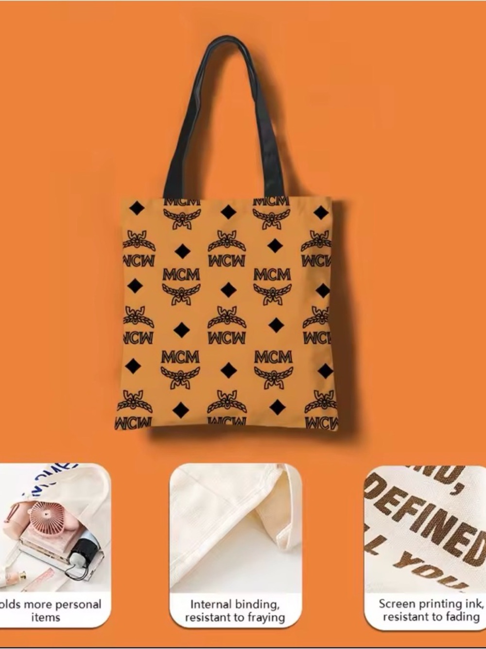 MCM-Style Logo Print Beige Tote Bag with Black Handles